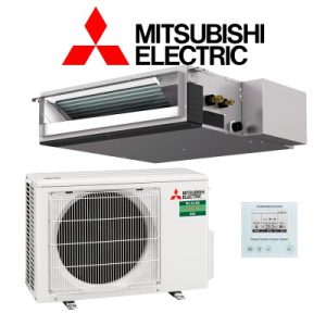 Equipo de aire acondicionado por conductos Mitsubishi Electric instalado en vivienda